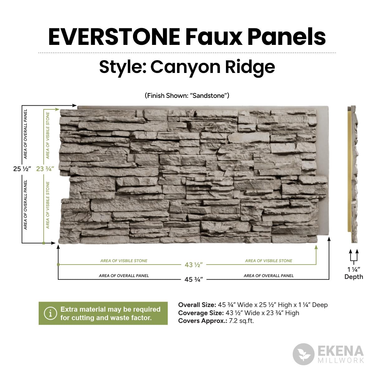 EverStone Canyon Ridge Faux Stone Panel, 45 3/4"W x 24 1/2"H x 1 1/4"D, Linen Graphite Color