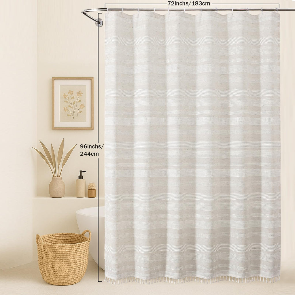 Extra Long Linen Shower Curtain 96 Inch Long, Boho Chic Textured Soft Fabric Heavy Duty Cloth Bathroom Shower Curtain