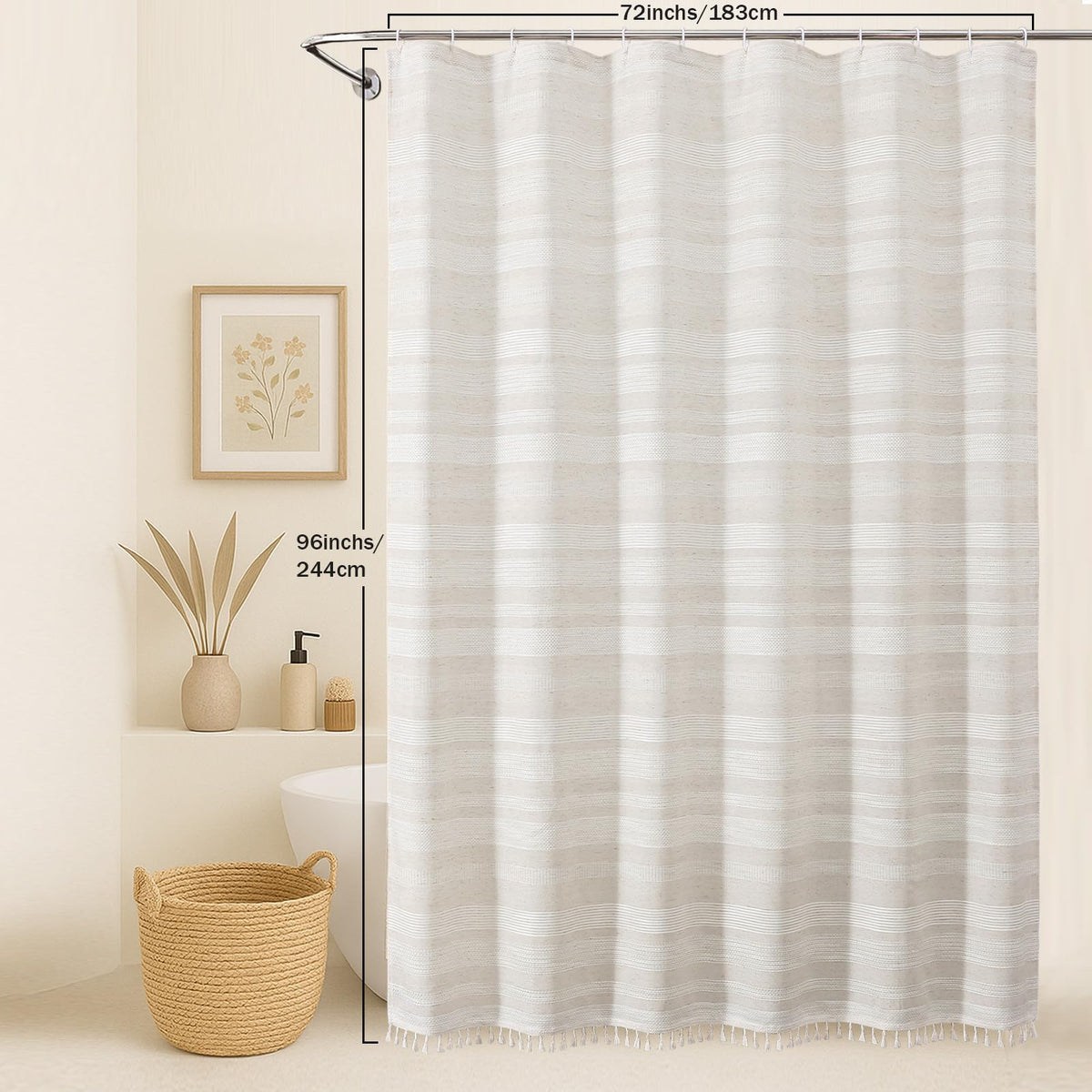 Extra Long Linen Shower Curtain 96 Inch Long, Boho Chic Textured Soft Fabric Heavy Duty Cloth Bathroom Shower Curtain