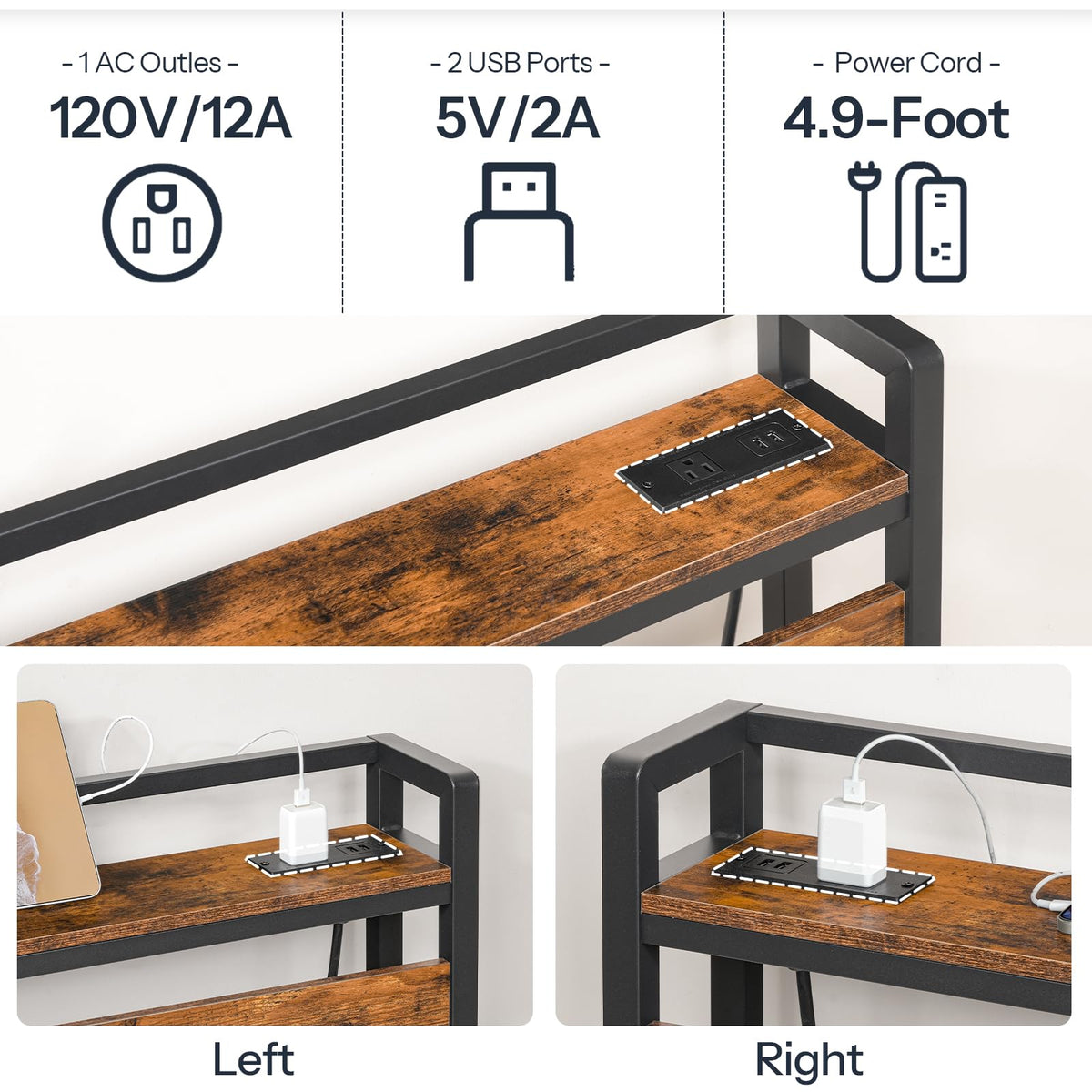 Headboard, Headboard with 2 Outlets and 4 USB Ports, Adjustable Height, Storage Rack, Sturdy and Stable