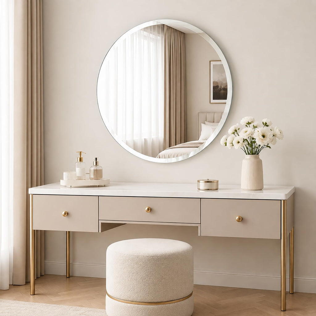 Frameless Round Bathroom Mirror for Over Sink 24" x 24" Circle Mirror Beveled Edge Wall Mirror Vanity Entryway Bedroom