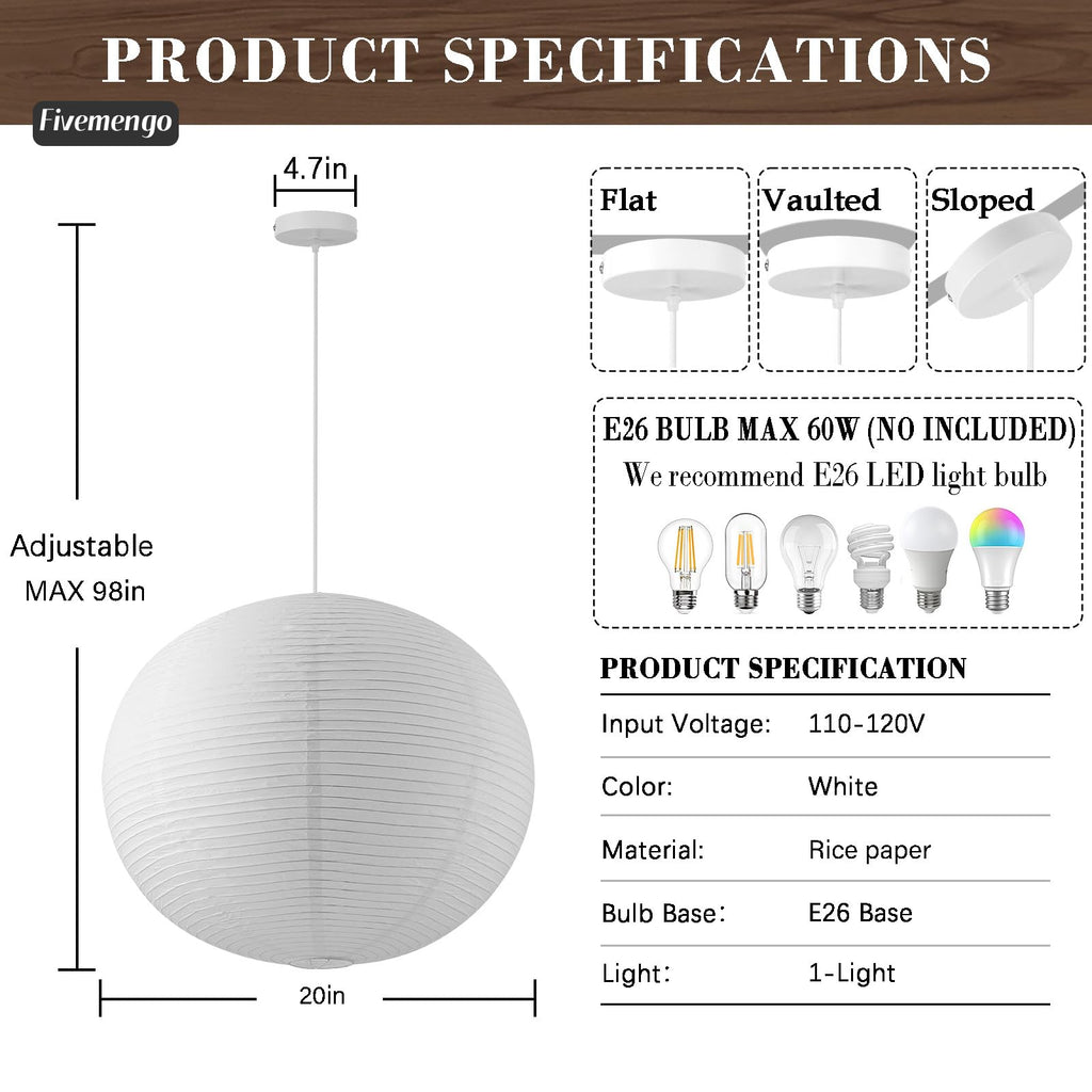 Large Paper Lamp Pendant Light Kit, 20in White Globe Lantern