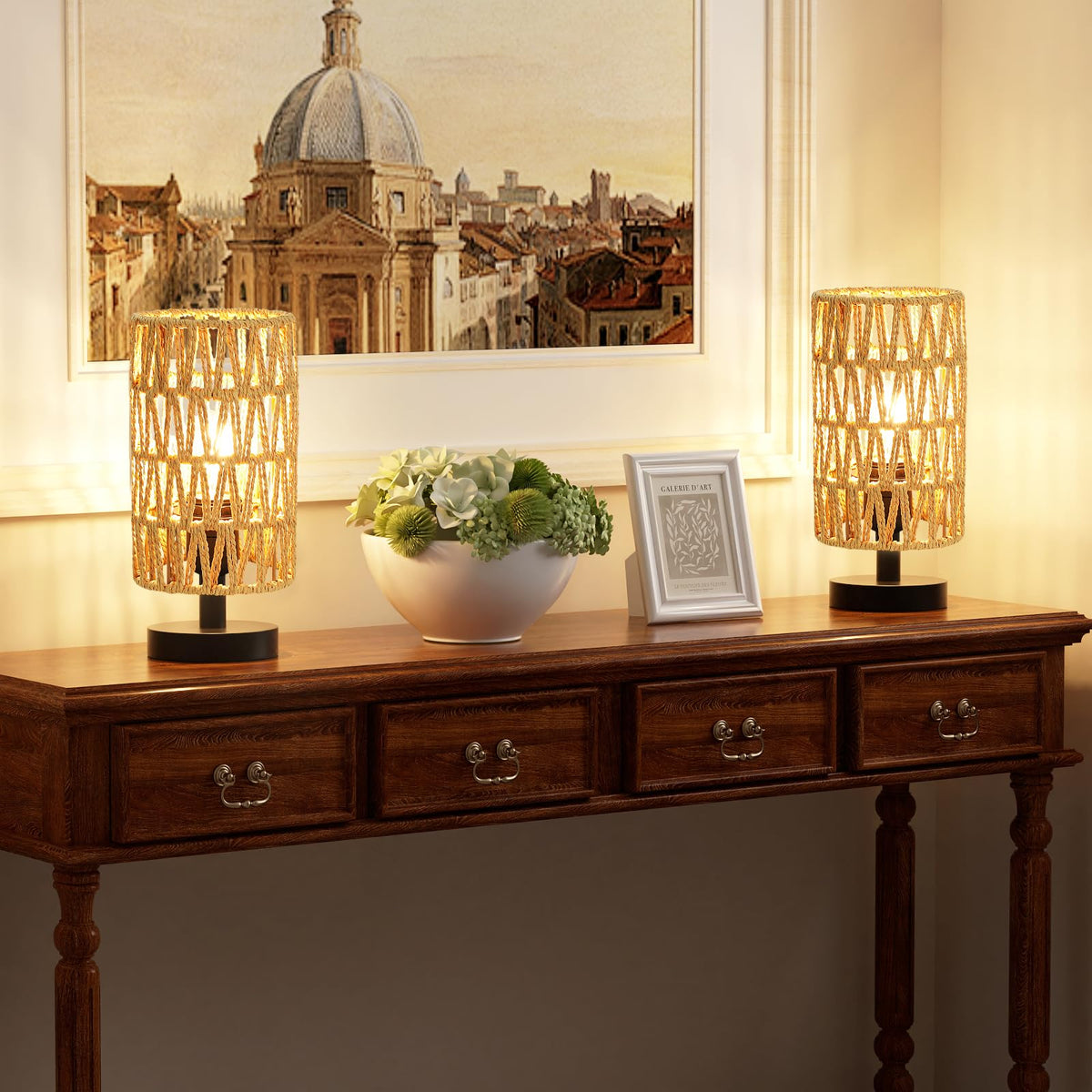 Table Lamps Set of 2 (Rattan Rope Shade - Black Base, 9" Inline Control)