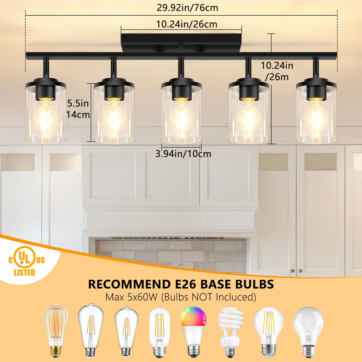 5-Lights Black Semi Flush Mount Ceiling Light Fixtures, Modern Clear Glass Shade Farmhouse Kitchen Ceiling Lamp