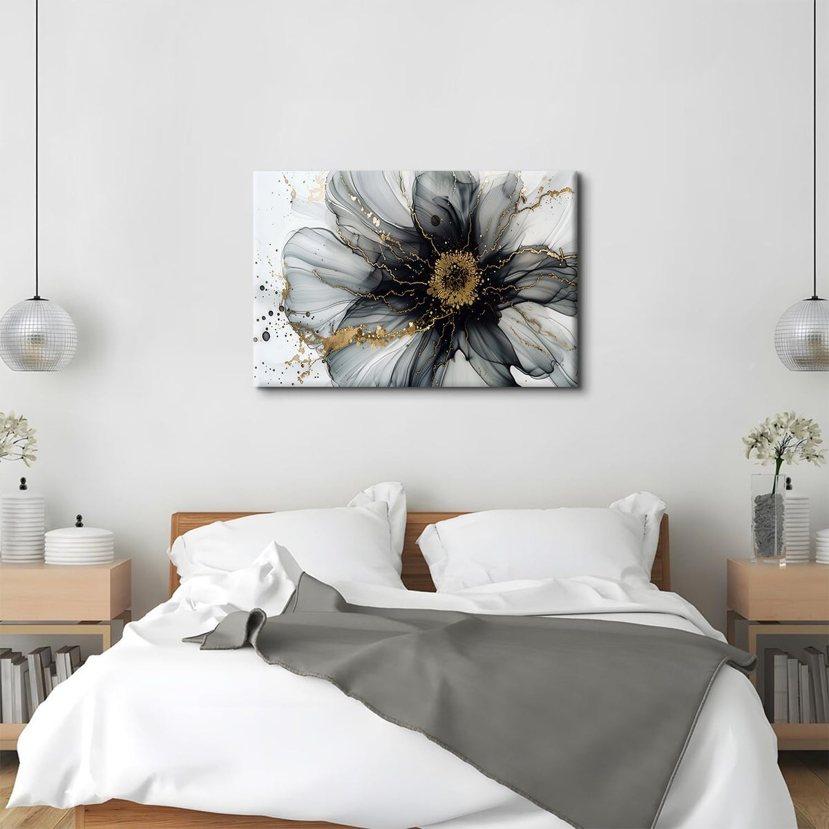 Large Black and White Abstract Wall Art Above Bed Picture, Marble Flower Wall Decor Watercolor Fluid Glitter Texture