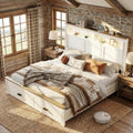 53.1" Tall Bed Frame with Farmhouse Roman Column Headboard, LED Lights, Charging Station, 2 Storage Drawers &