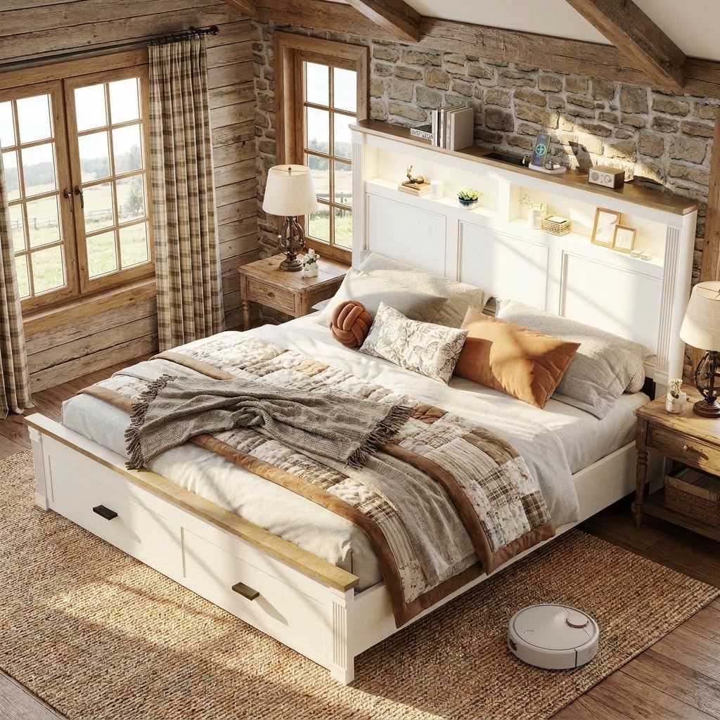 53.1" Tall Bed Frame with Farmhouse Roman Column Headboard, LED Lights, Charging Station, 2 Storage Drawers &