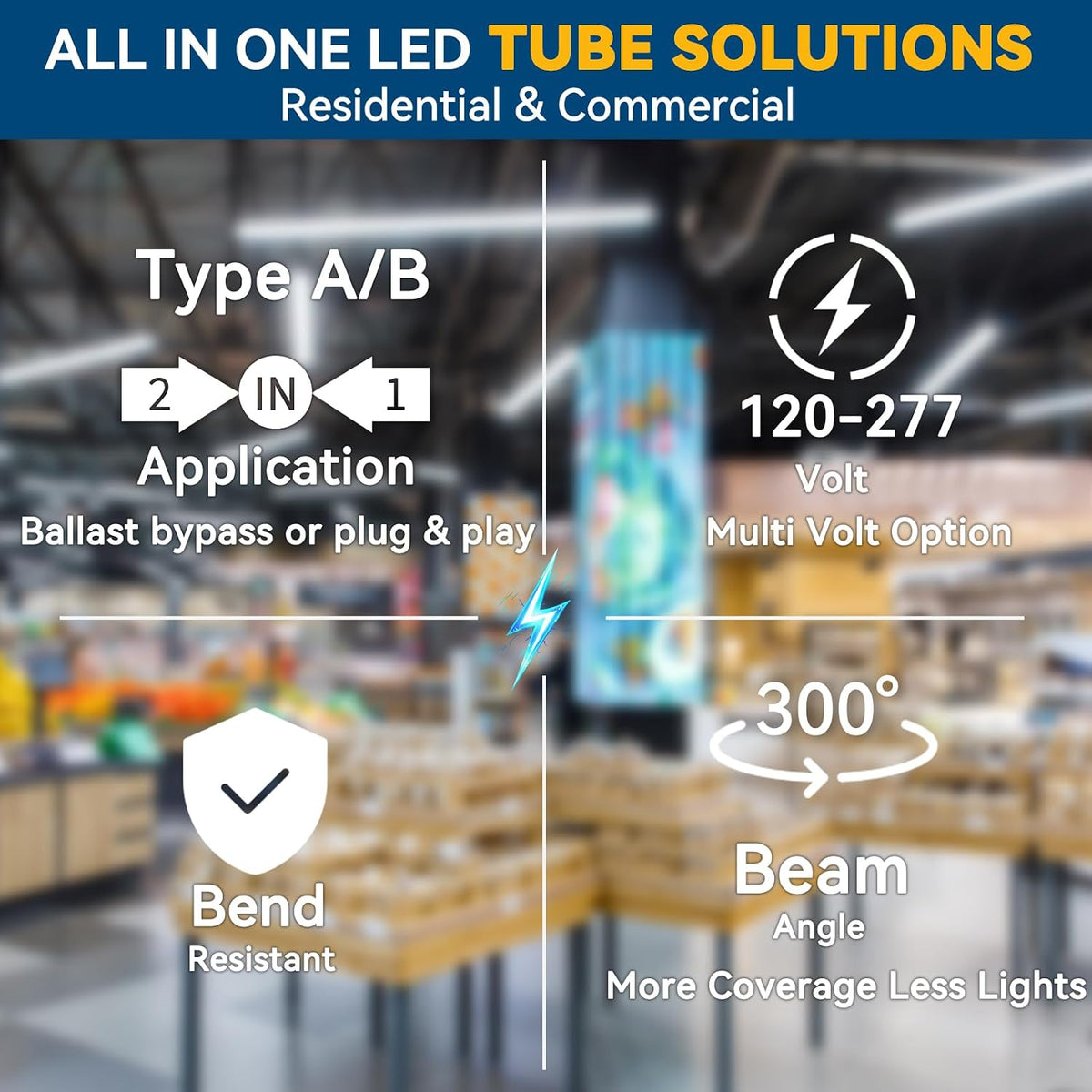 4FT T8 LED Bulbs 12 Pack, 18W 2400LM 5000K Daylight, Type A+B Hybrid