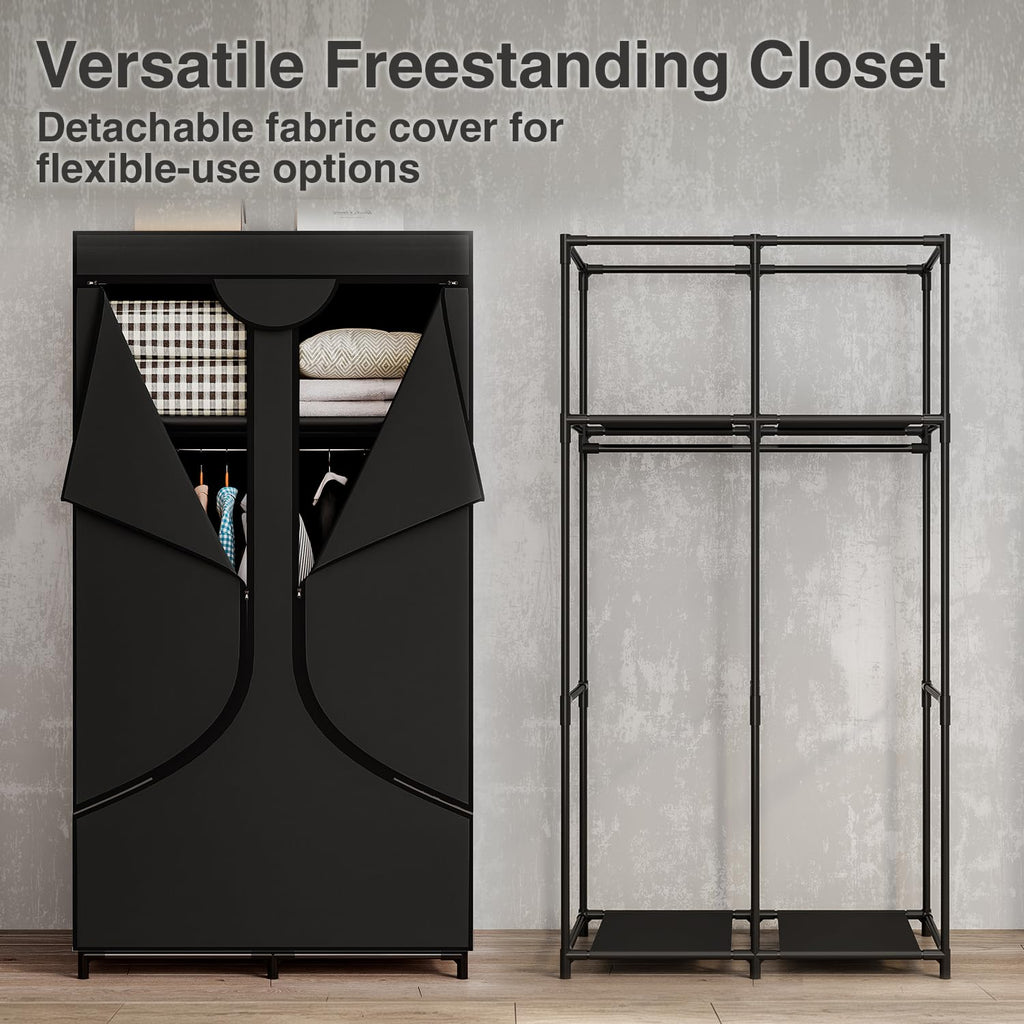 Wardrobe Closet with Hanging Rods and Shelves for Clothes Storage