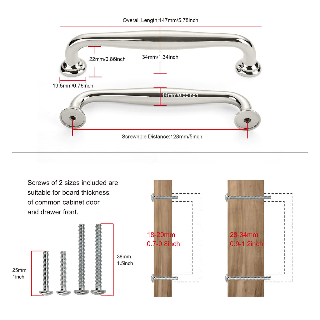 10 Pack Cabinet Handles-5"/128mm Screw Spacing Polished Nickel Furniture Hardware Handles Cabinets Bedroom Dresser