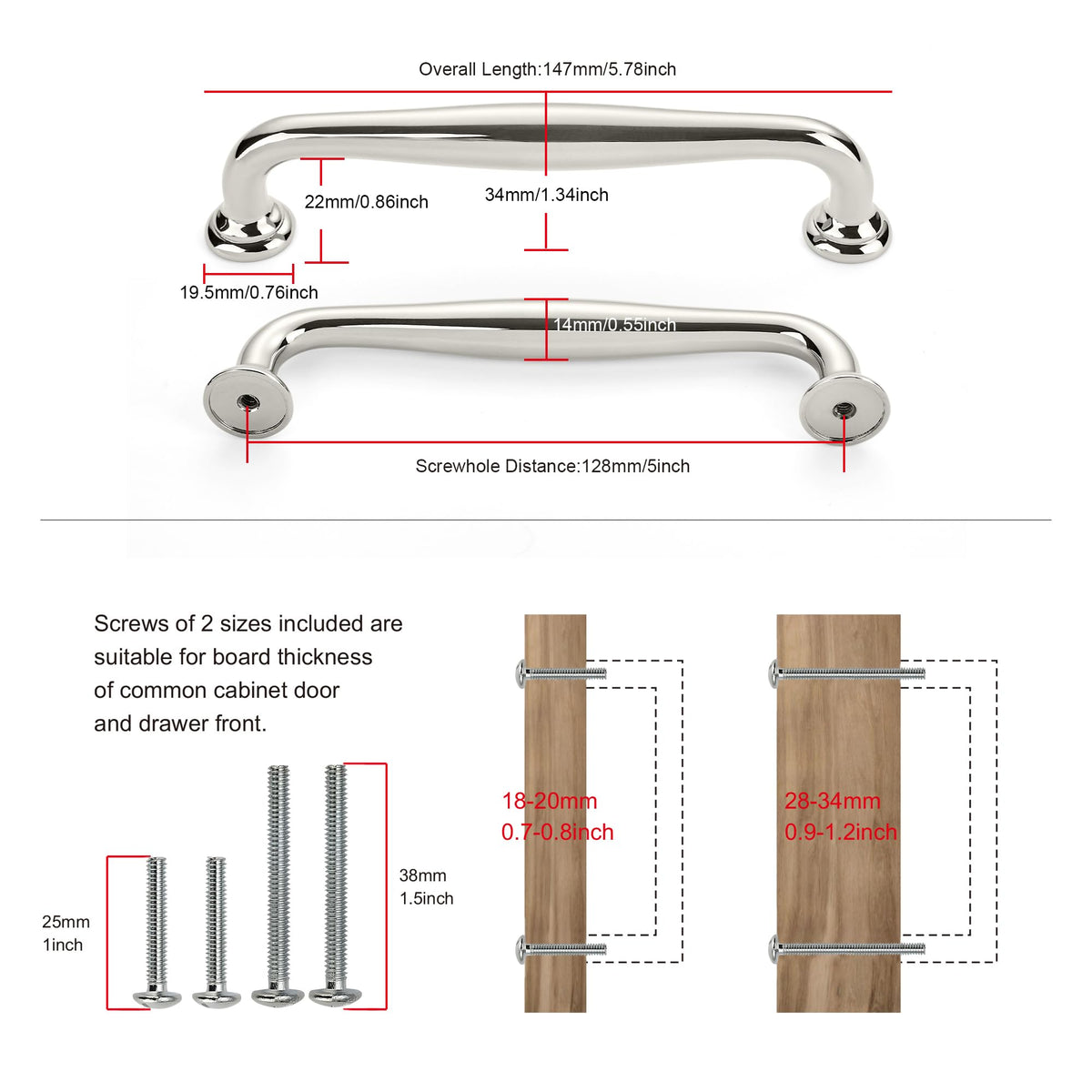 10 Pack Cabinet Handles-5"/128mm Screw Spacing Polished Nickel Furniture Hardware Handles Cabinets Bedroom Dresser