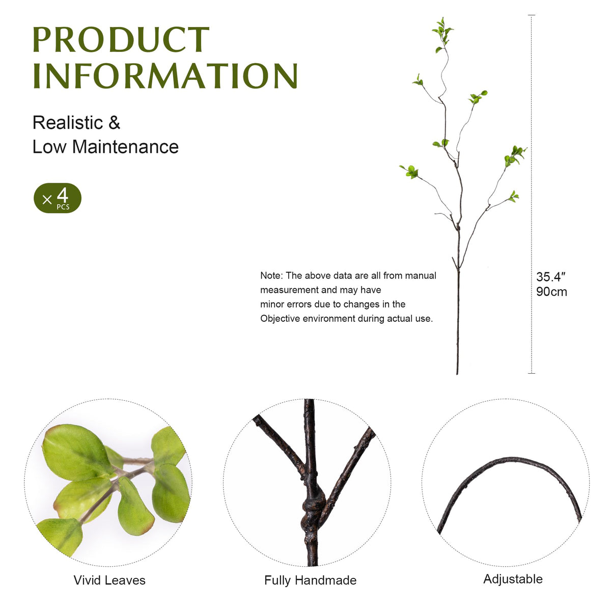 4 Pcs Artificial Ficus Branches for Vase, 35.4 Inch Faux Eucalyptus Stems, Greenery Stems and Realistic Faux Branches