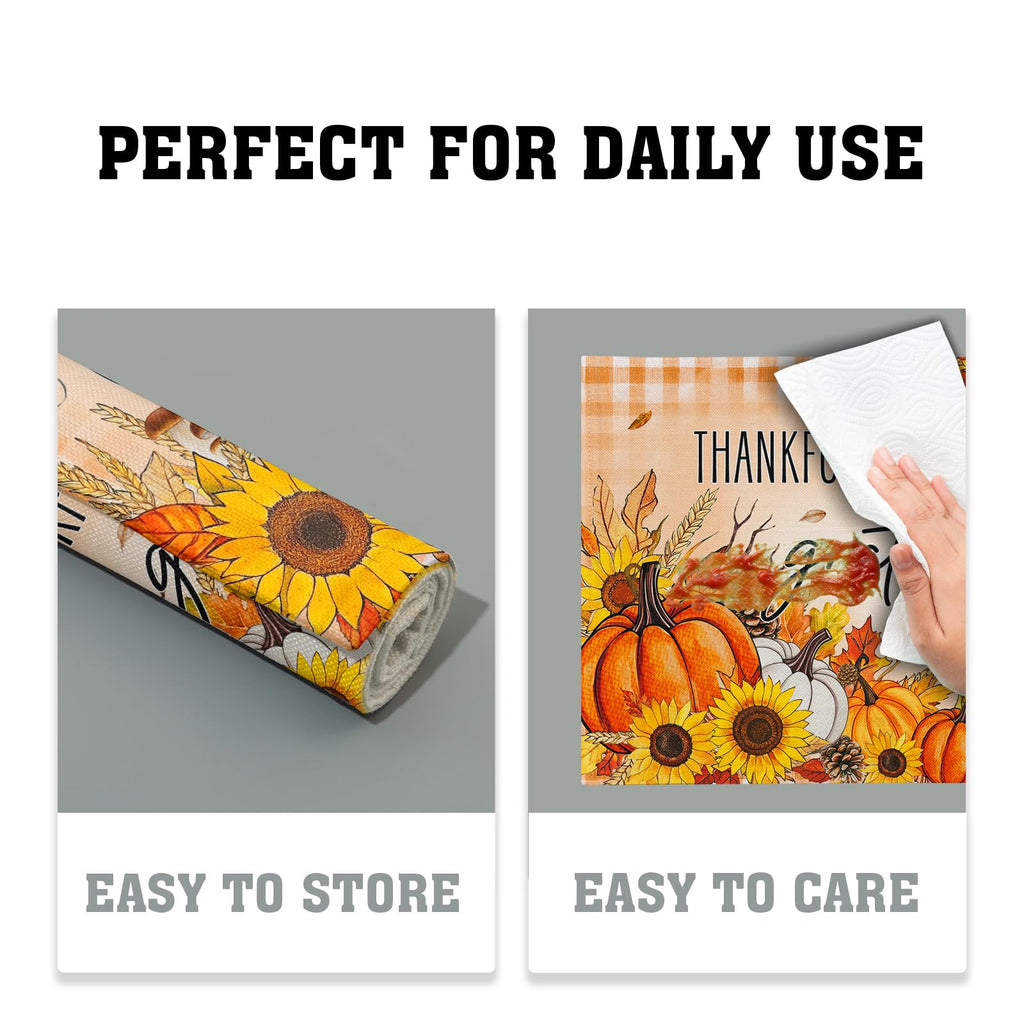 Fall Autumn Placemats, Thanksgiving Pumpkin Sunflower Thankful Grateful Blessed Linen Place Table Mats Washable Stain