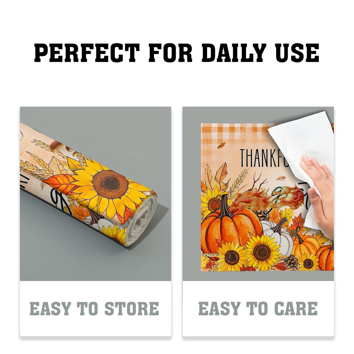 Fall Autumn Placemats, Thanksgiving Pumpkin Sunflower Thankful Grateful Blessed Linen Place Table Mats Washable Stain