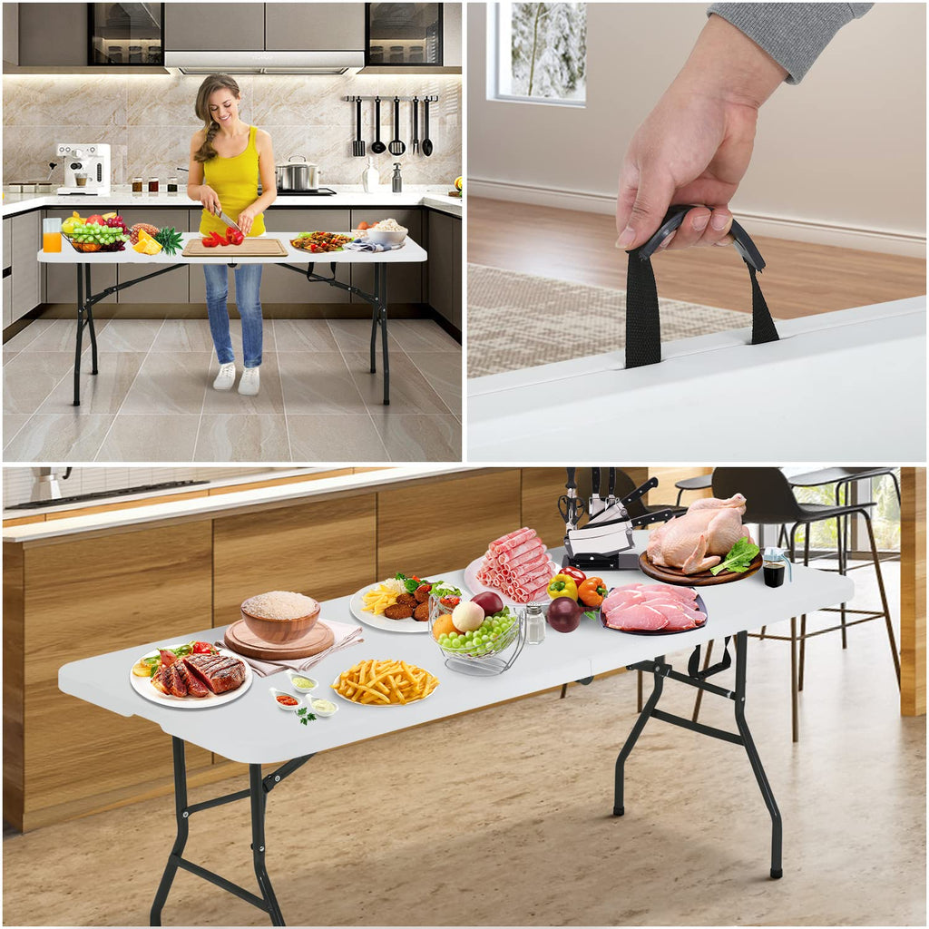 Folding Table | 6 ft Folding Picnic Table Portable | Heavy Duty Dining Table | Fold in Half with Handle and Sturdy