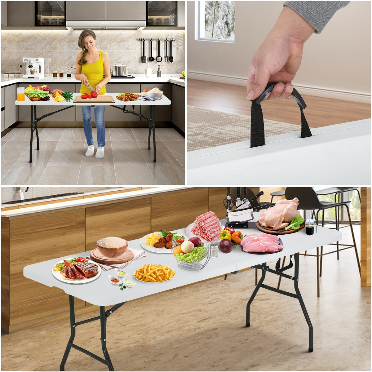 Folding Table | 6 ft Folding Picnic Table Portable | Heavy Duty Dining Table | Fold in Half with Handle and Sturdy