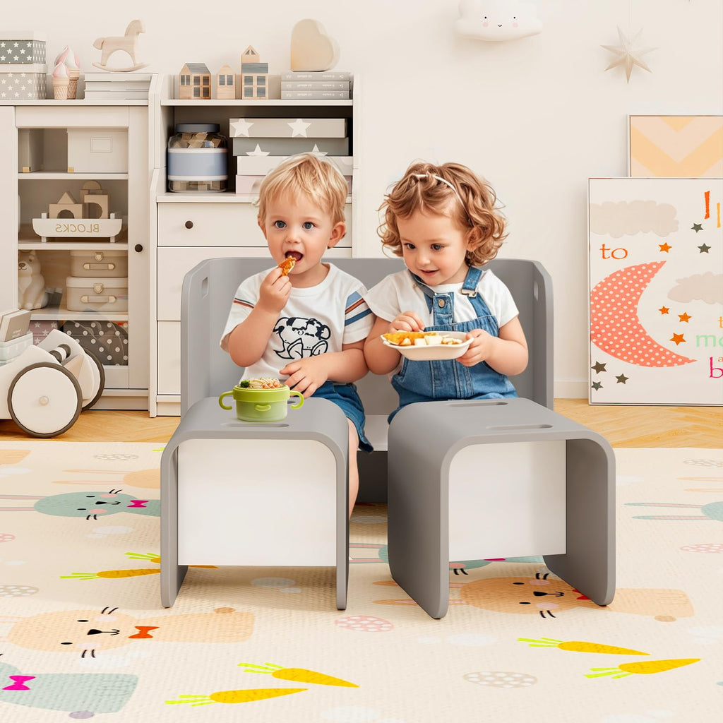 Kids Table and Chair Set, All in 1 Birch Wood Activity Table, Bench, Storage Shelves, Desk for Children Reading