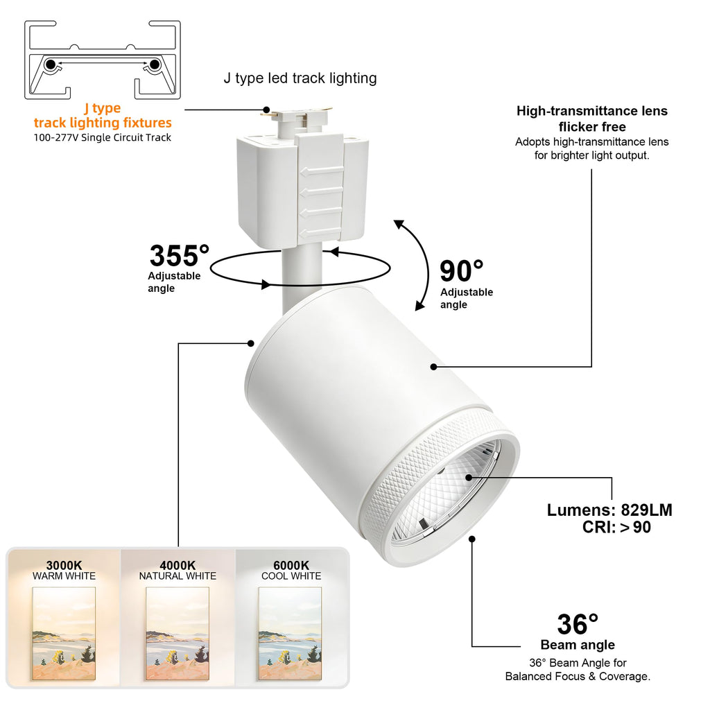 10W LED Black Track Lighting Heads, J Type Track Lighting Rail Ceiling Spotlight for Accent Task Wall Art Exhibition