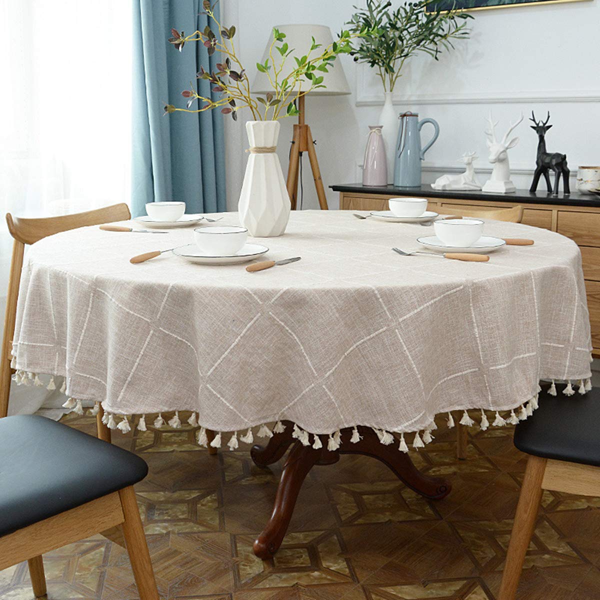 Heavy Weight Cotton Linen Tablecloth, Plaid Tassel Round Table Cover Dining Room Tabletop Decorations, Round - 70"