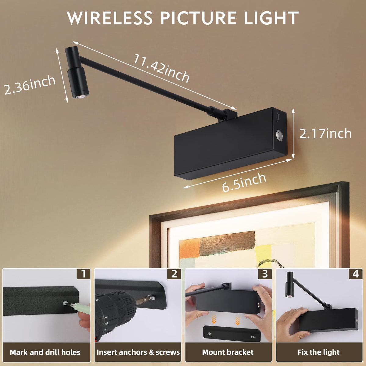 Picture Light for Wall with Adjustable LED Beam, Wireless 8000mAh Rechargeable Art Light with Remote, Battery