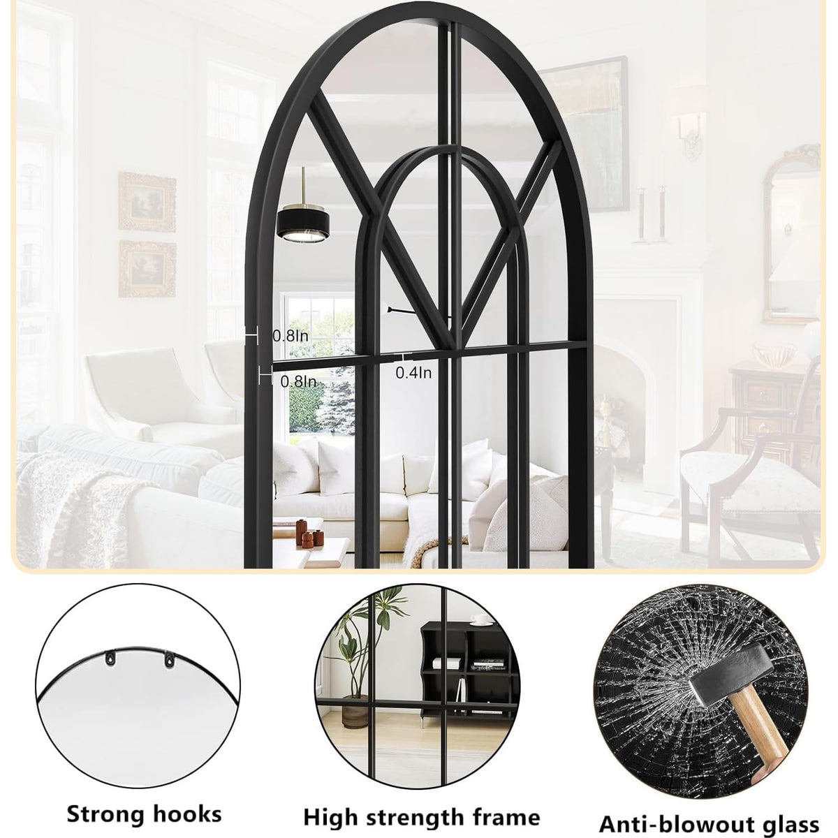 Arched Wall Mirror, 42"x24" Metal Frame Windowpane Mirror, Black