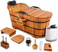 Cedar Wood Soaking Tub for Adults, Freestanding Wooden Bathtub with Lid & Steamer, Deep Japanese Style Bath Tub with Seat, Home Spa Bath Barrel (NW, 47.2 in)