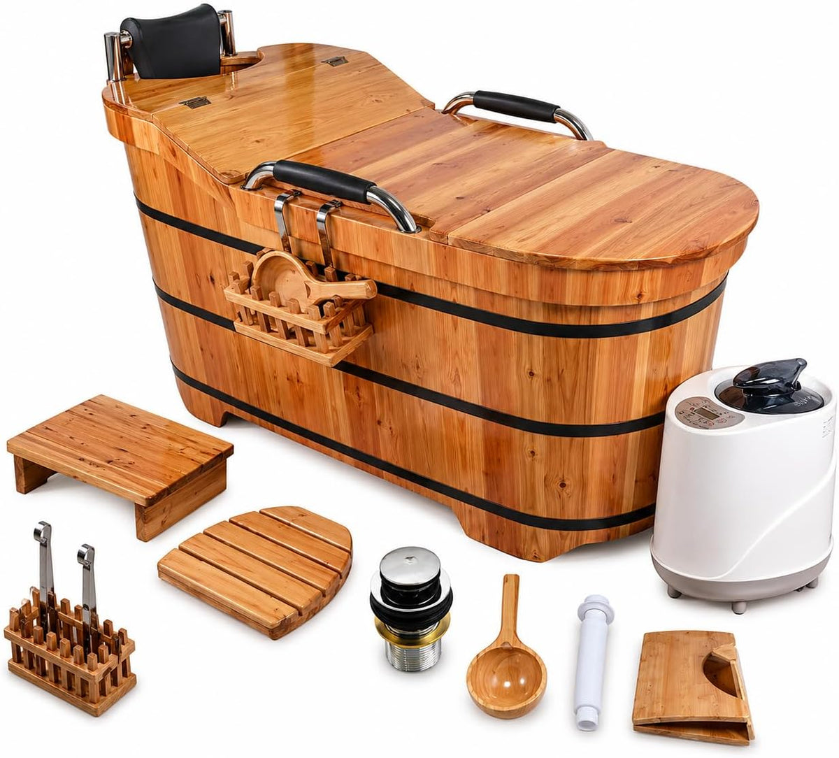 Cedar Wood Soaking Tub for Adults, Freestanding Wooden Bathtub with Lid & Steamer, Deep Japanese Style Bath Tub with Seat, Home Spa Bath Barrel (NW, 47.2 in)