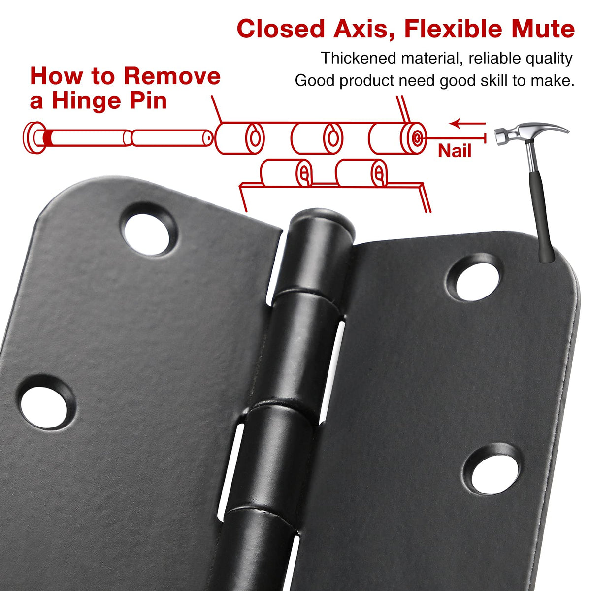 Rounded Matte Black Door Hinges 3.5 Inch 5/8" Radius Flat 30 Pack
