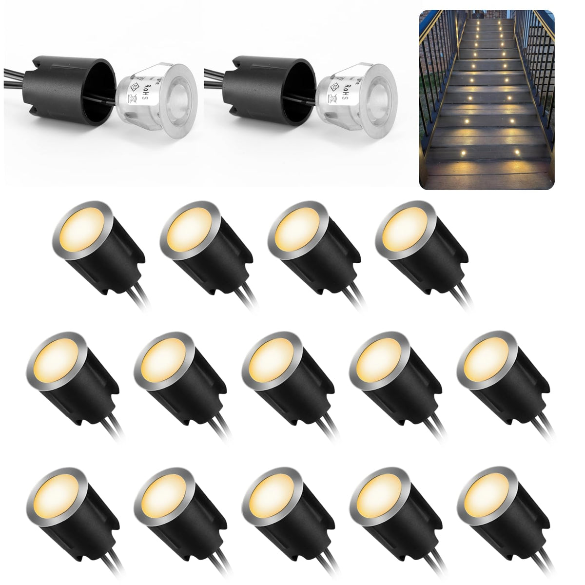 16 Pack LED Recessed Deck Lights with Protecting Shell, IP68 Waterproof Warm White, 0.6W, Outdoor Landscape