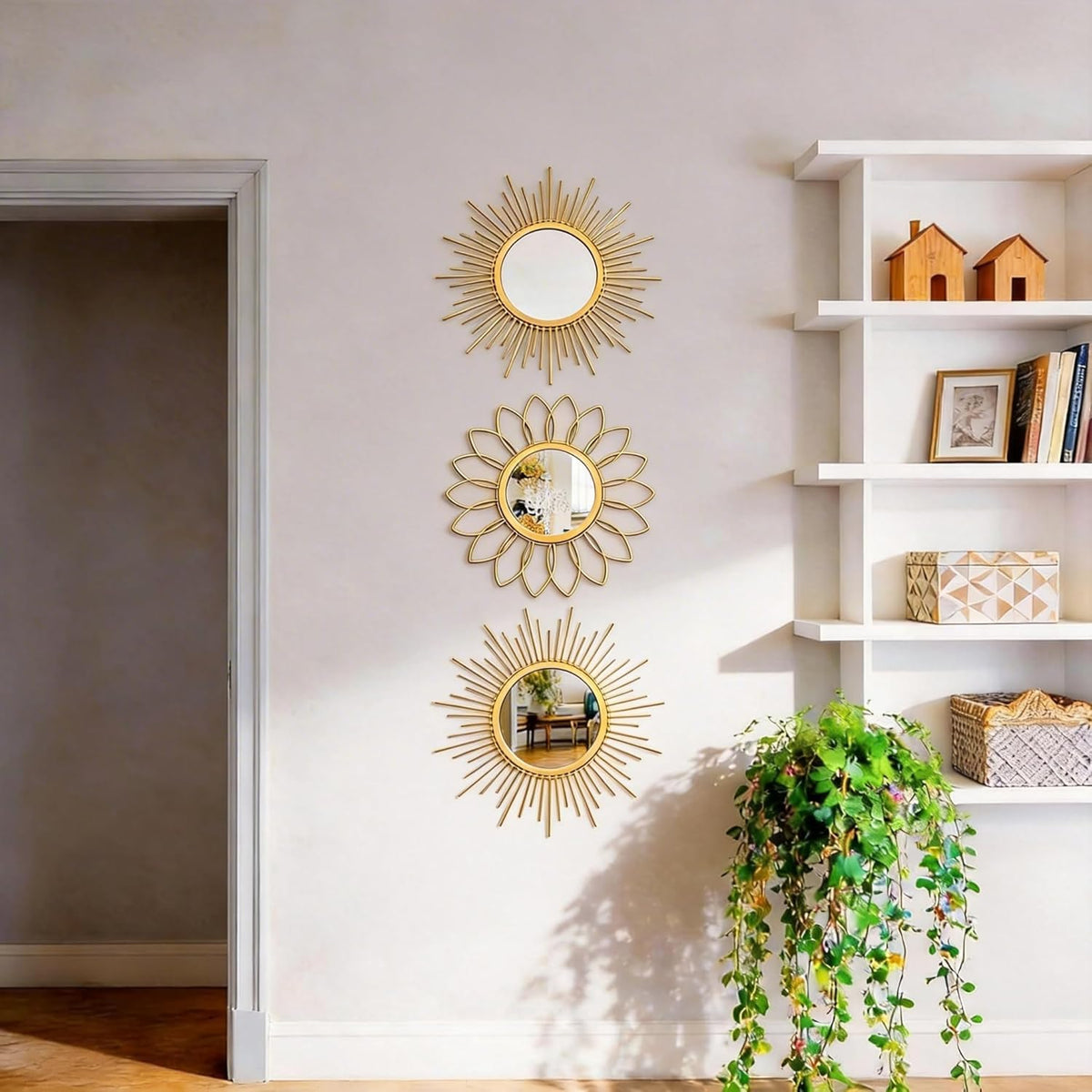 Boho Sunburst Wall Mirror Set of 3, 12 Inch Round Antique & Modern Metal Wall Art, Hanging Over The Door Mirrors