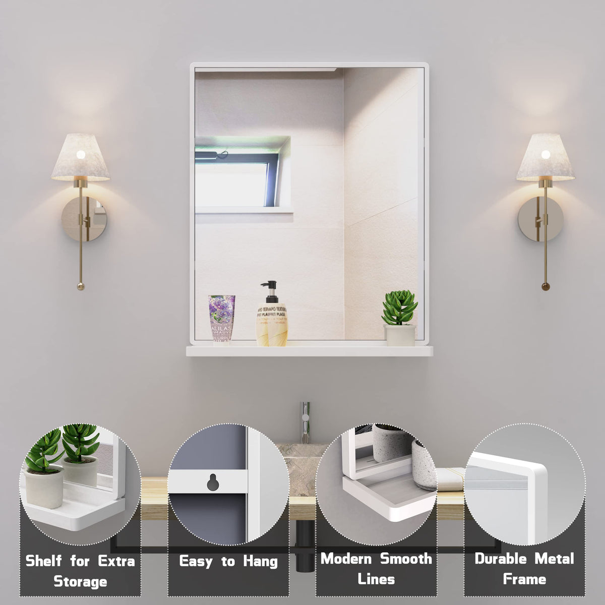 20"x24" Bathroom Wall Mirror with Shelf, White Bathroom Mirror for Wall, Rectangular Wall Hanging Mirror Bedroom
