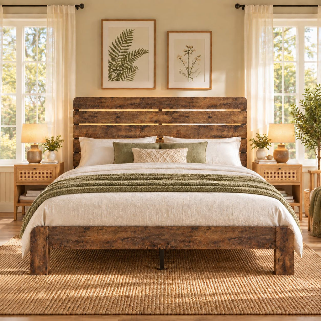 King Size Wooden Bed Frame with Headboard, Wood Slat Support