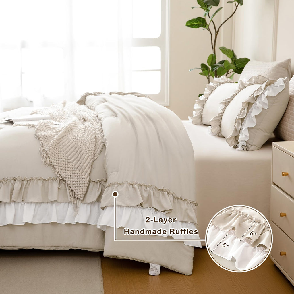 Ruffled Comforter Set, Farmhouse Shabby Boho Chic Bedding Wheat and White Ruffle Comforter Vintage Rustic French