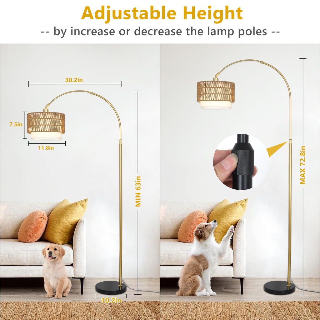 Arc Floor Lamp with Rattan & Linen Shades, Gold Floor Lamp with Remote & Dimming Bulb, Rustic Standing Lamp with 3