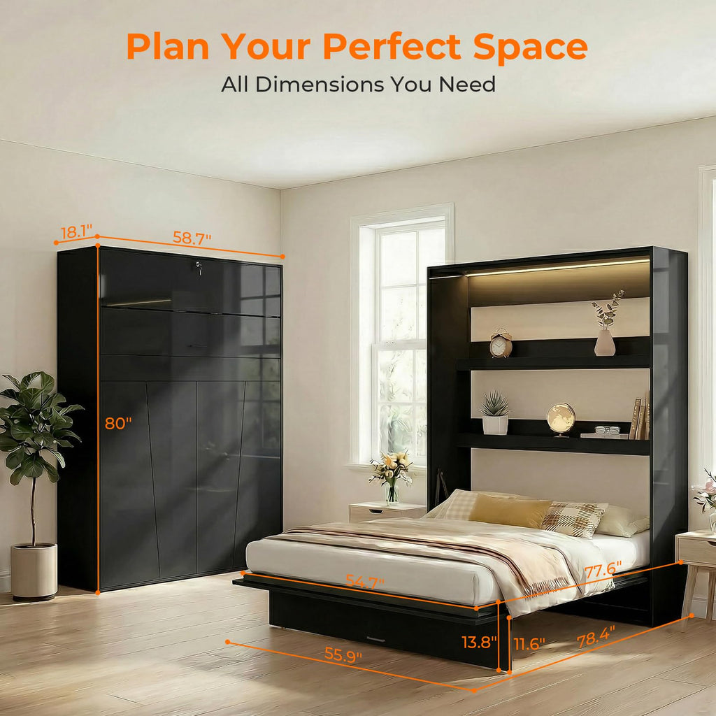 Full Vertical Murphy Bed Wall with Storage&Gas-Lift(Gloss Black)