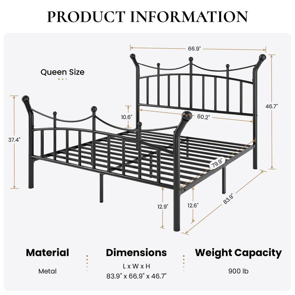 Metal Bed Frame, Victorian Crown Style, Black