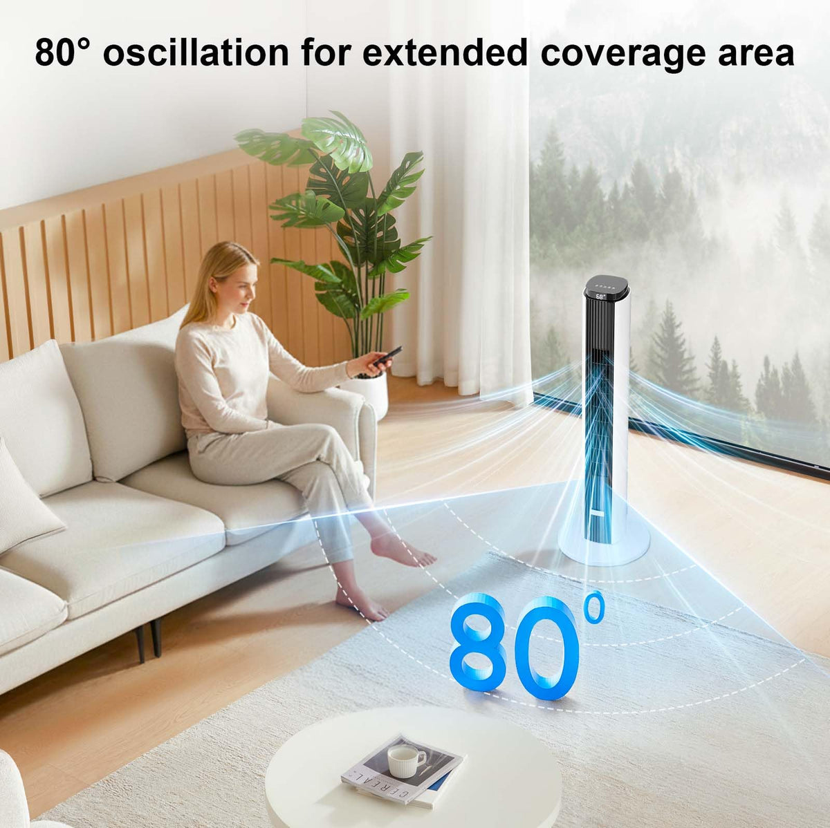 37-Inch Bladeless Portable Tower Fan 80°Oscillating,Quiet Cooling with 12H Timer Remote Control, 6 Speed, 4 Modes