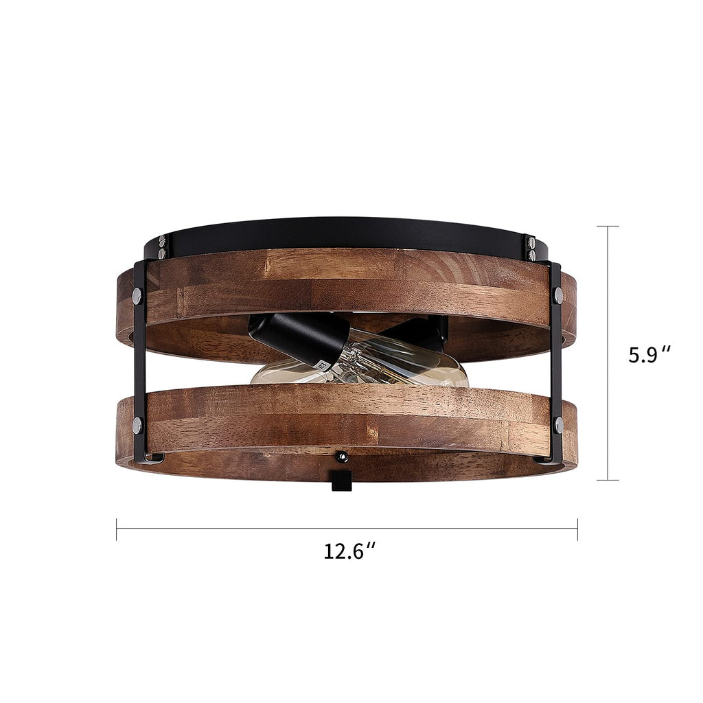 2-Light Rustic Flush Mount Light Fixture Oak Wood Round Drum Semi Flush Mount Ceiling Light Bedroom Kitchen Entryway