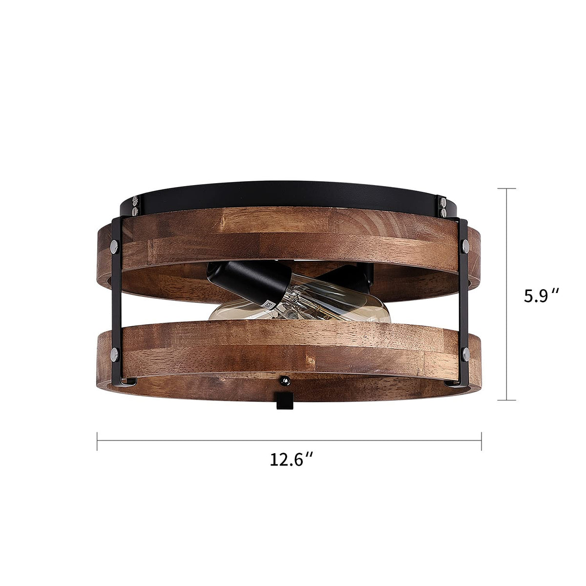 2-Light Rustic Flush Mount Light Fixture Oak Wood Round Drum Semi Flush Mount Ceiling Light Bedroom Kitchen Entryway