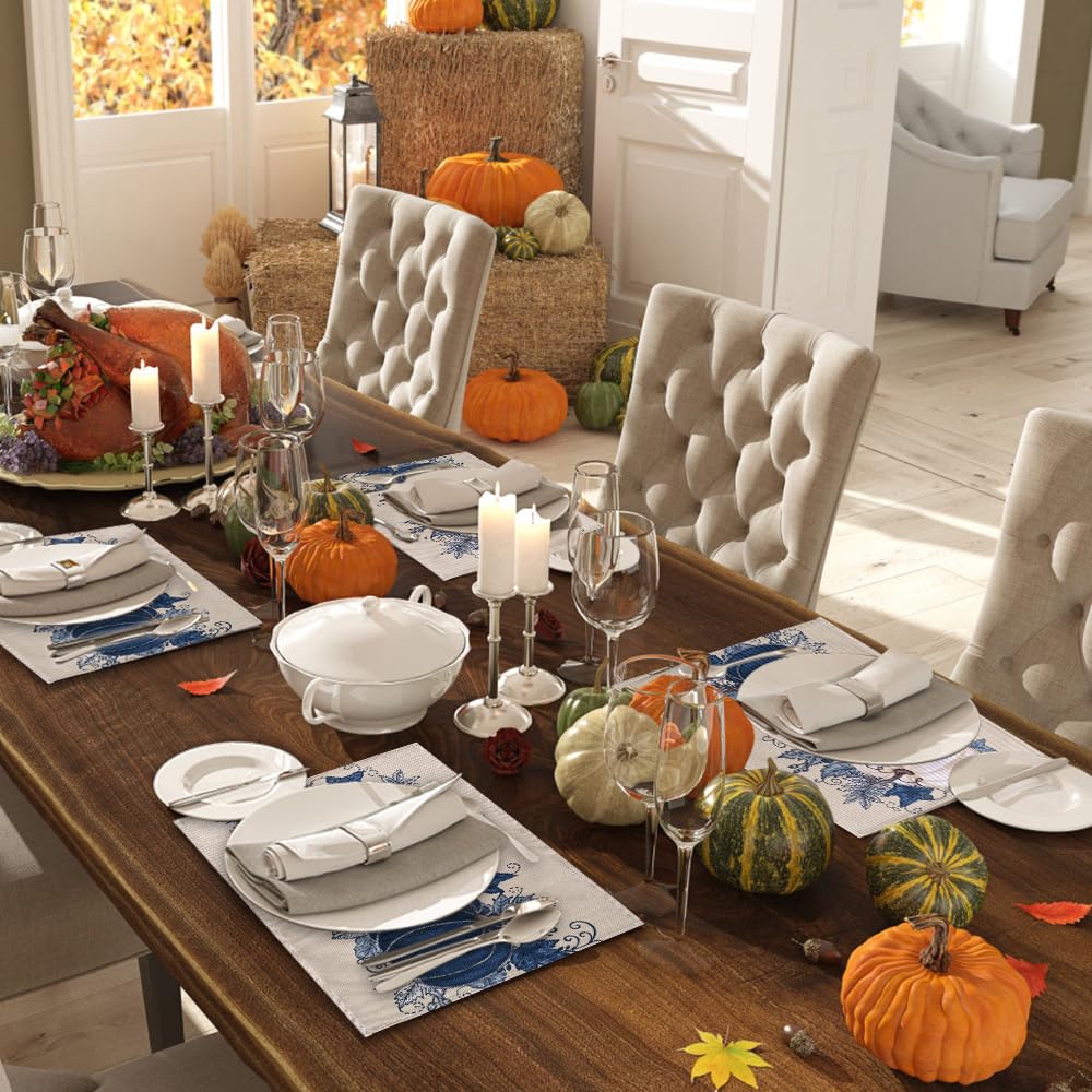 Fall Thanksgiving Placemats Set of 4 Blue Vintage Pumpkin Decorative