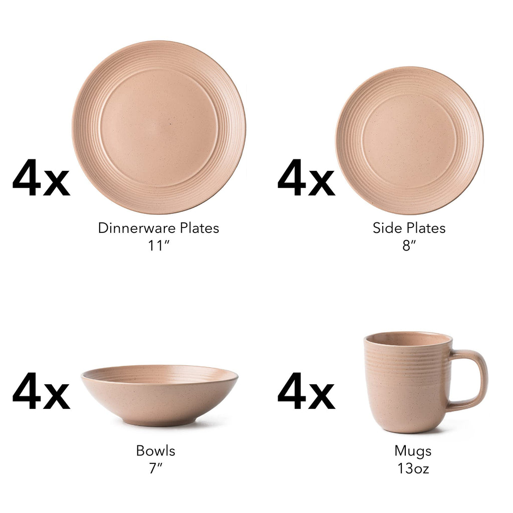 Round Stoneware 16pc Dinnerware Set of 4, Dinner Plates, Side Plates, Cereal Bowls, Mugs - Speckle Matte Coral