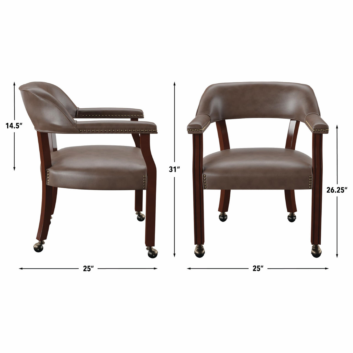 Silver Furniture Tournament Arm Chair w/Casters, Dining Chair with Casters, Upholstered w/Nailhead Trim, Vegan