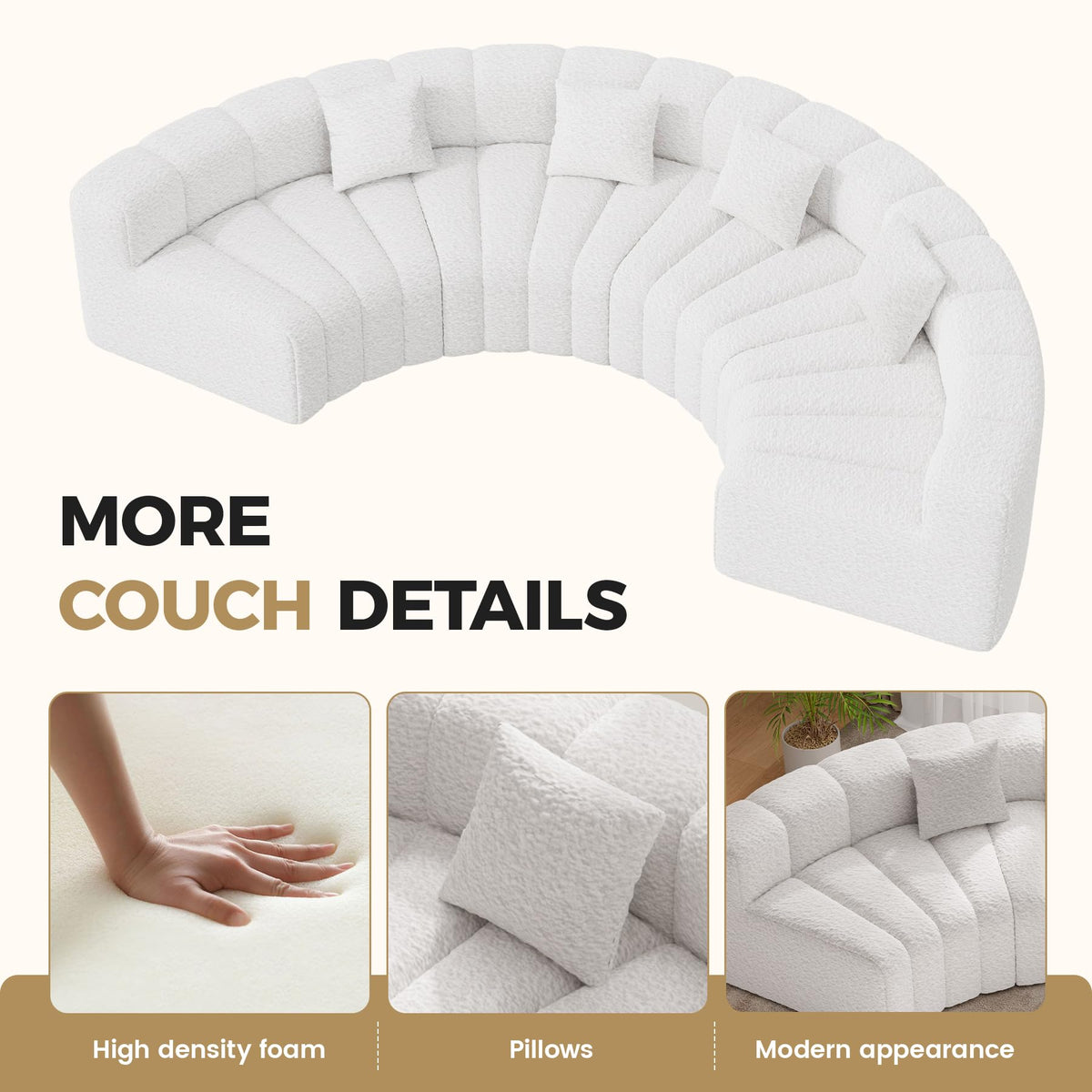 Oversized Curved Sofa, 8 Seater Modular Velvet Cloud Couch, Modern Boneless Sectional Couches, No Assembly Required