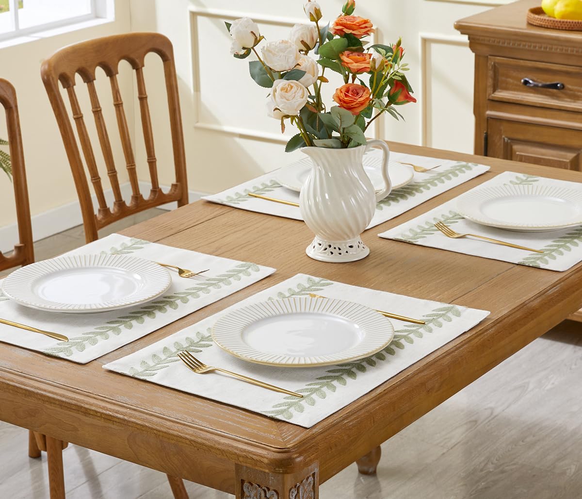 Embroidered Place Mats, Sage Green Rustic Placemats Set of 6