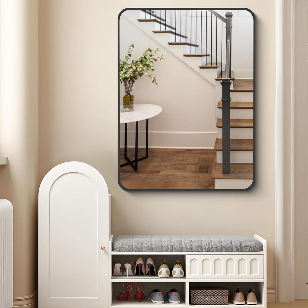 Bathroom Mirror 30" X 40", Large Rectangular Wall Mirror, Black Metal Framed Rounded Corner Wall Mounted Mirror