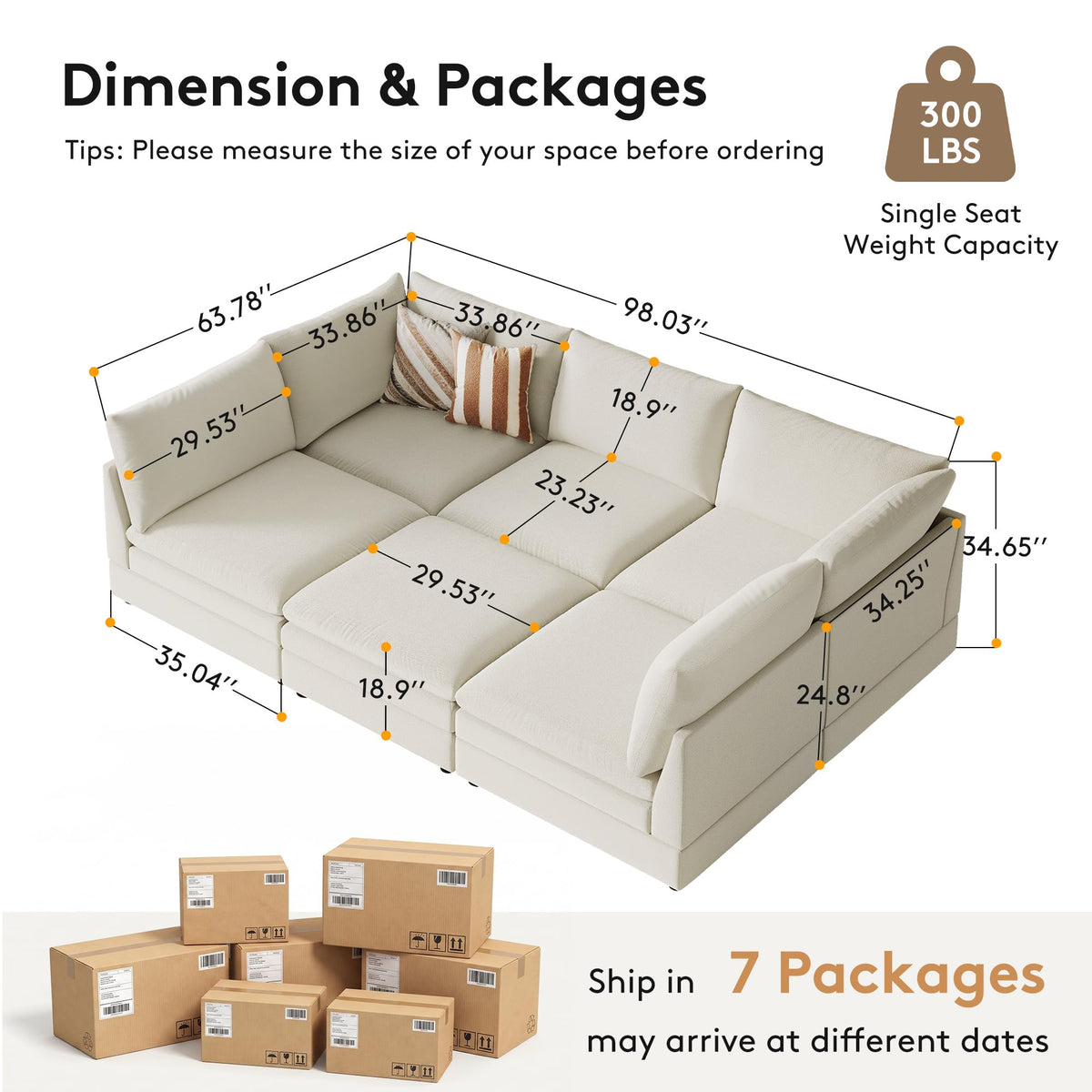 98" Large Cloud Modular Sectional Sofa with Ottoman, Beige Chenille