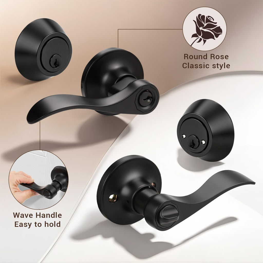 1 Set Entry Door Lever and Deadbolt Lock Set, Deadbolts Keyed Both Sides, All Keyed Same, Wave Style Front and