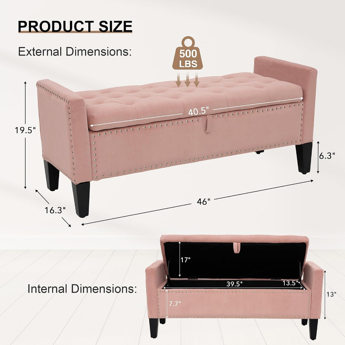 Velvet Ottoman with Storage, 46'' Upholstered Button Tufted End of Bed Bench with Arms, Modern Storage Bench , Pink