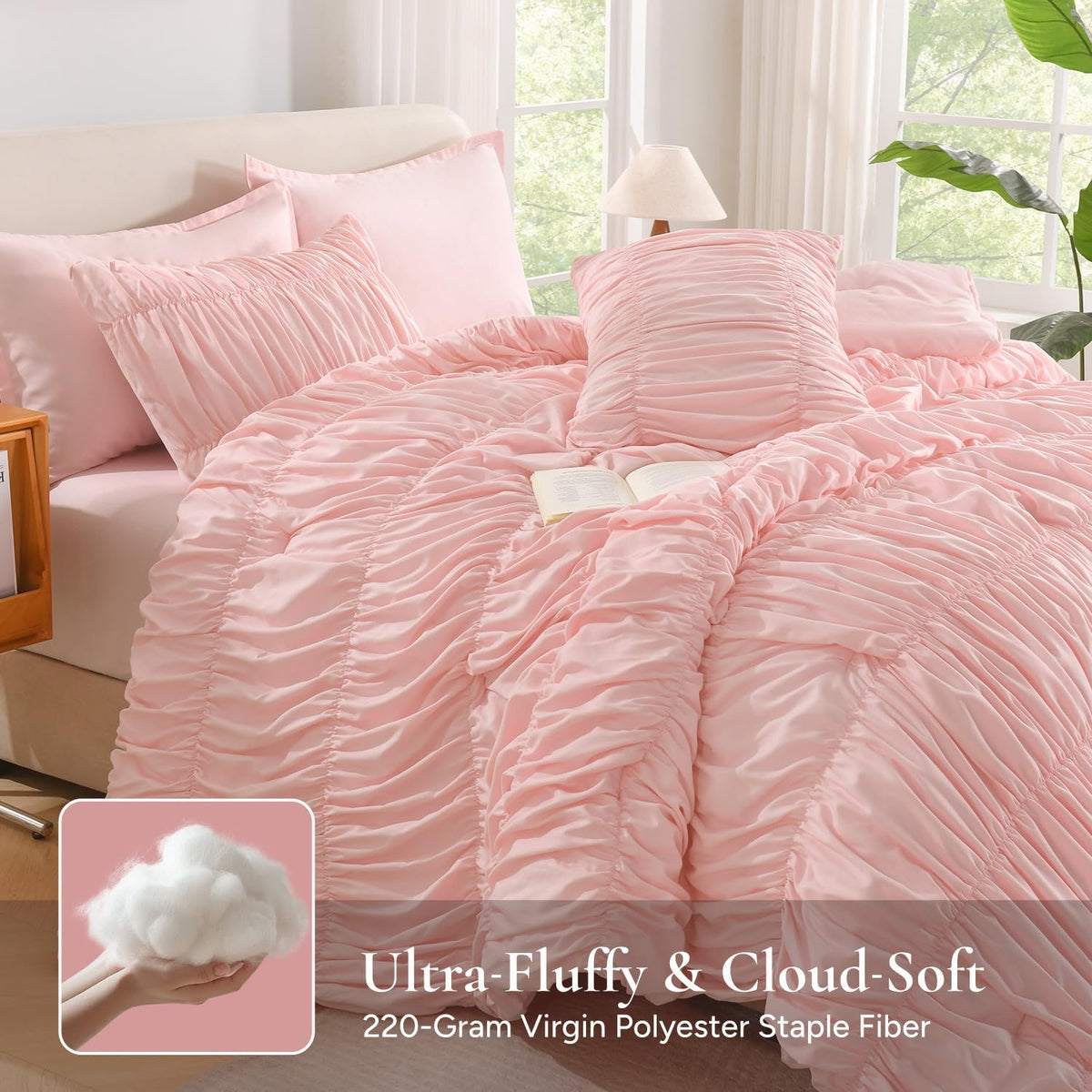 Ruched Pink Comforter Sets, 7 Pieces Ruffle Bed in a Bag
