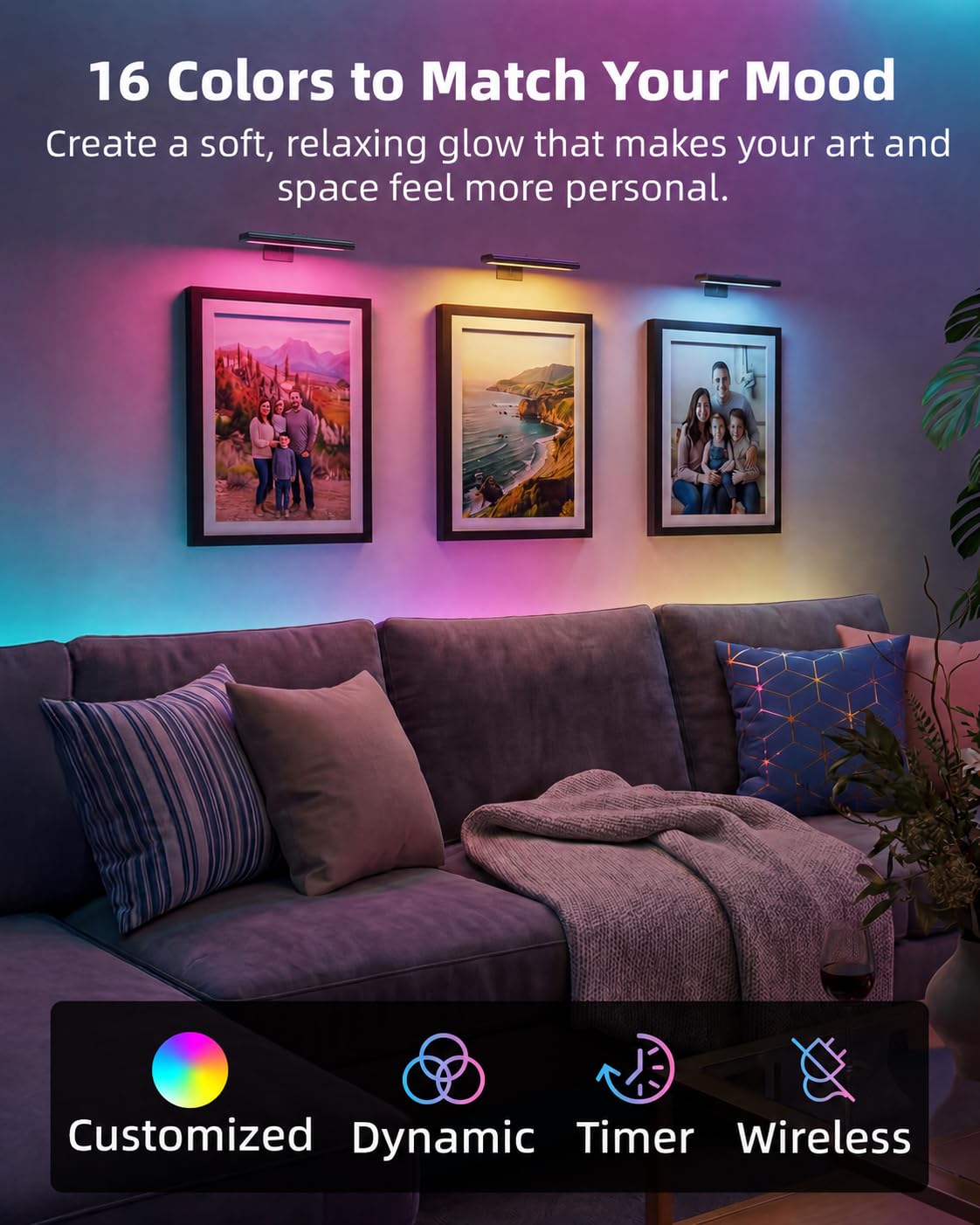 RGB Picture Light for Wall, 2400mAh Wireless Rechargeable Color Changing Art Light with Remote, 16 Colors, Dimmable